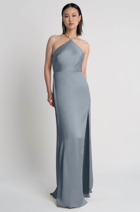 Model wearing a gray dress