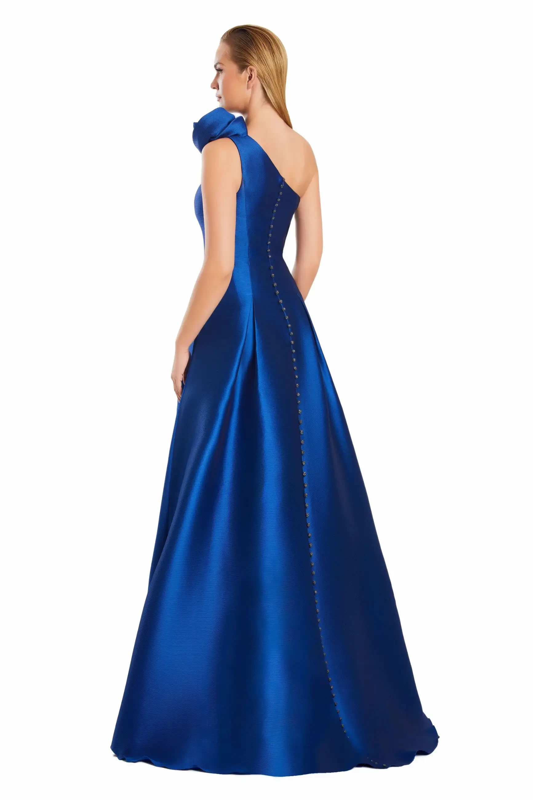 model is wearing a one shoulder mother of the bride dress