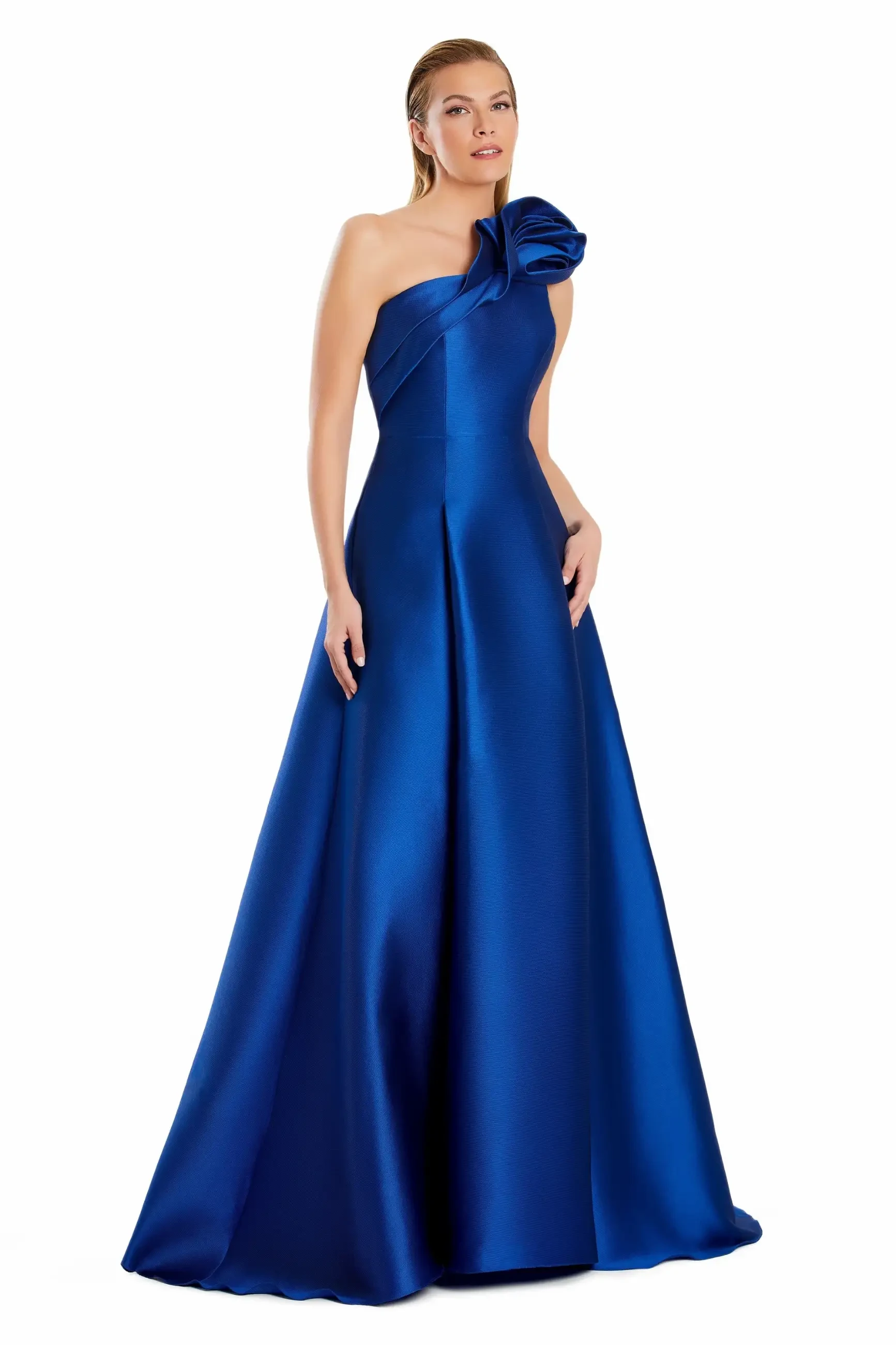 model is wearing a one shoulder mother of the bride dress