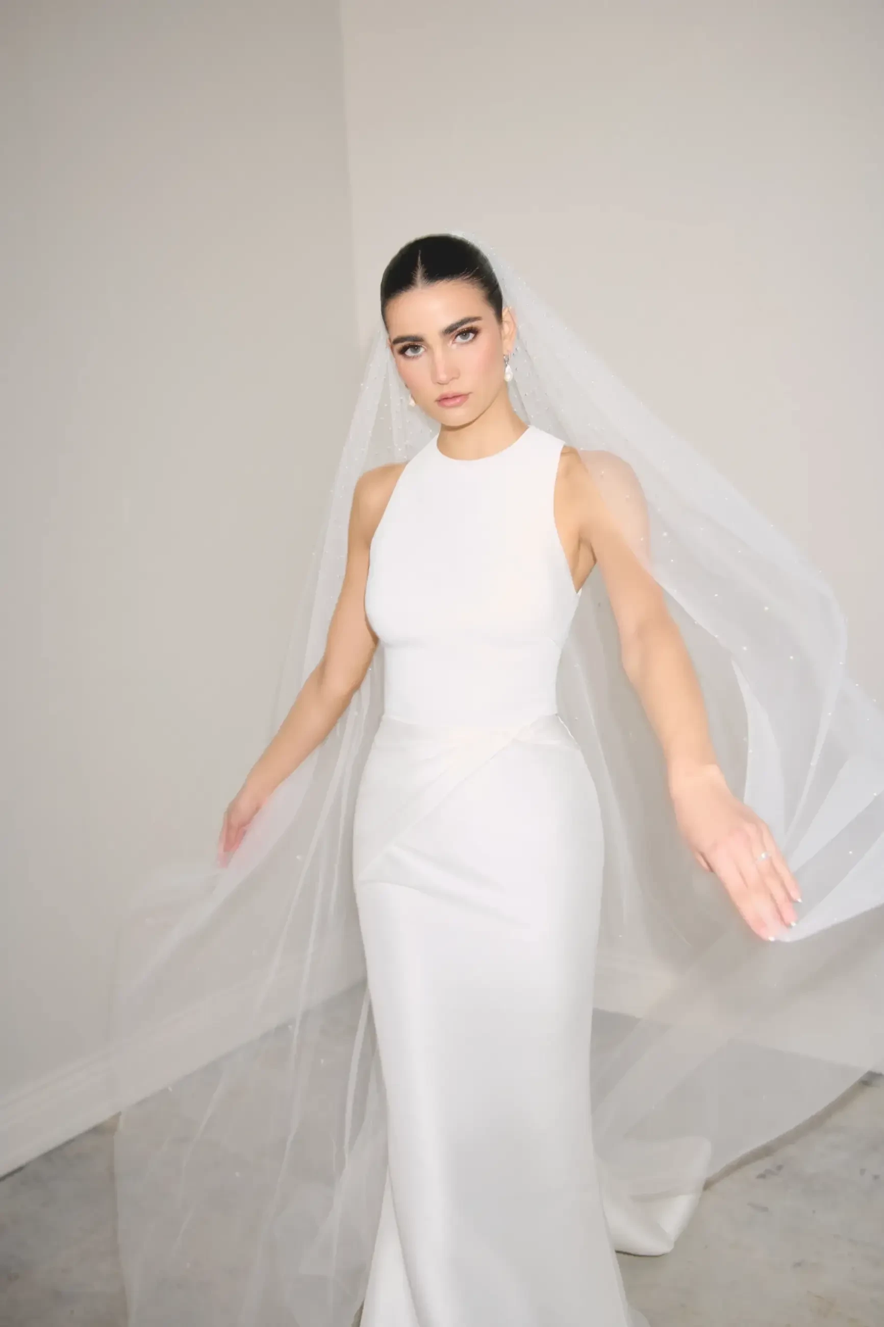 A woman in a sleek, elegant white wedding gown poses gracefully. Her long veil flows softly around her, creating a serene and sophisticated atmosphere.
