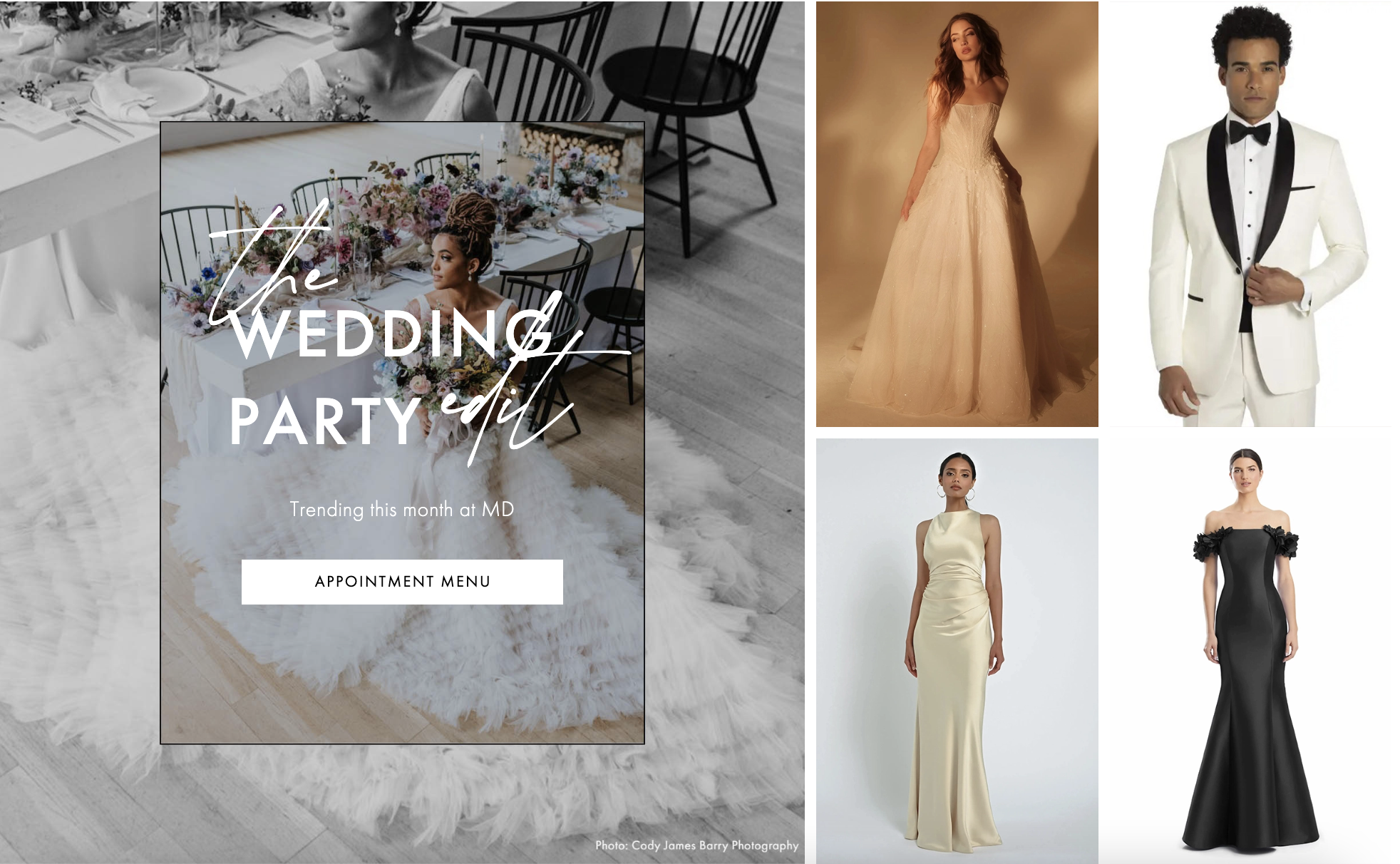 image shows kate's wedding edit, complete with bridal gown and tux and bridesmaid dresses and mother of the bride dress