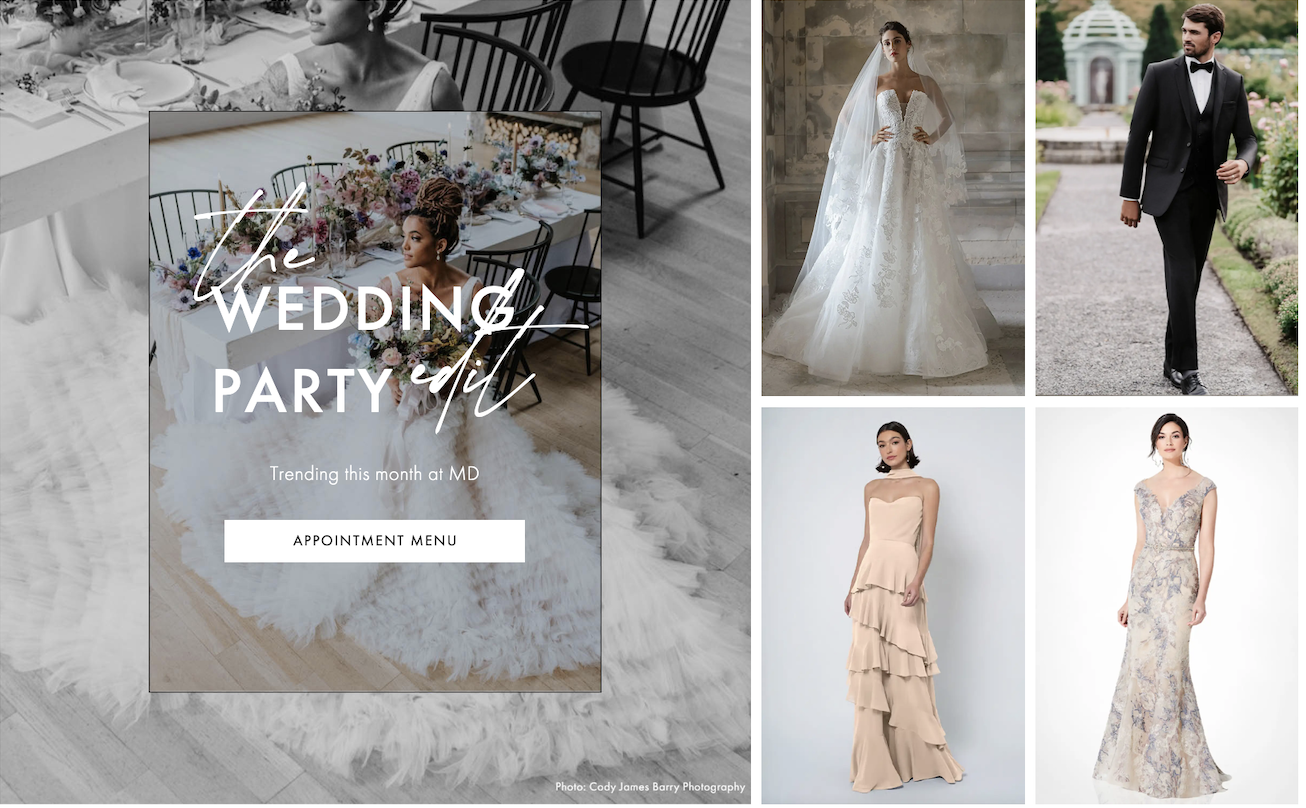 image shows our monthly wedding edit, which includes a photo of a wedding dress, bridesmaid dress, mother of the bride dress, and groom suit/tuxedo