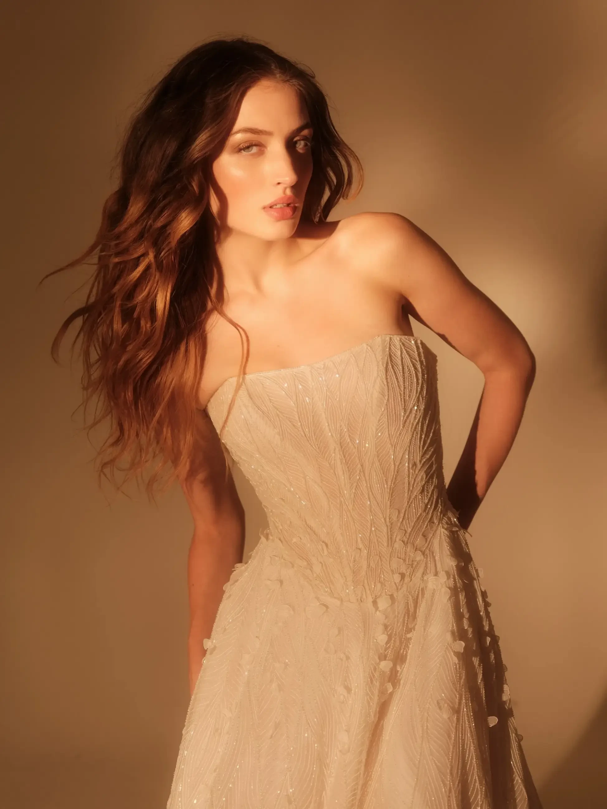 Model wears a sweetheart A-line gown with 3D floral appliqués and shimmering embroidery.
