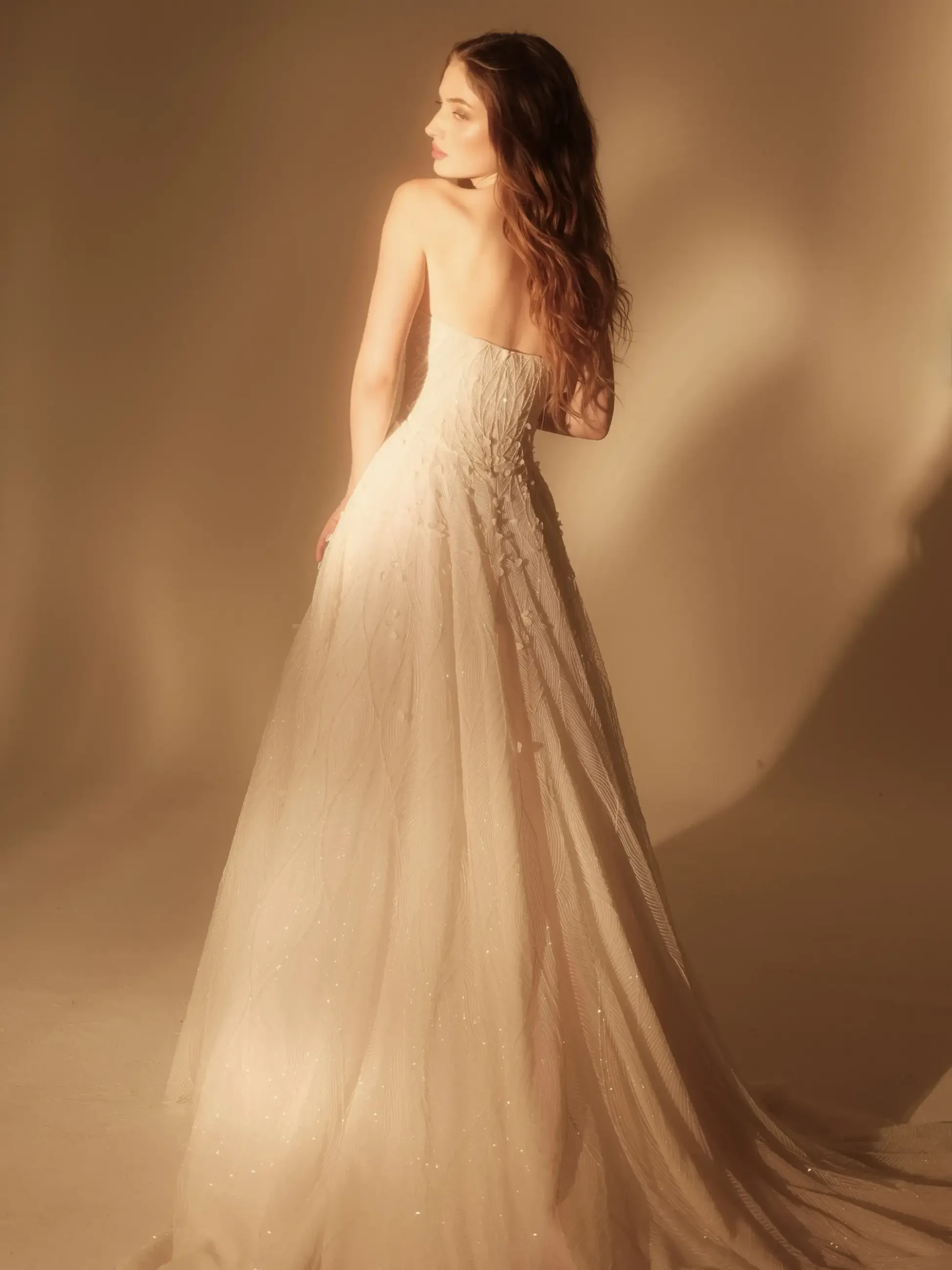 Model wears a sweetheart A-line gown with 3D floral appliqués and shimmering embroidery.