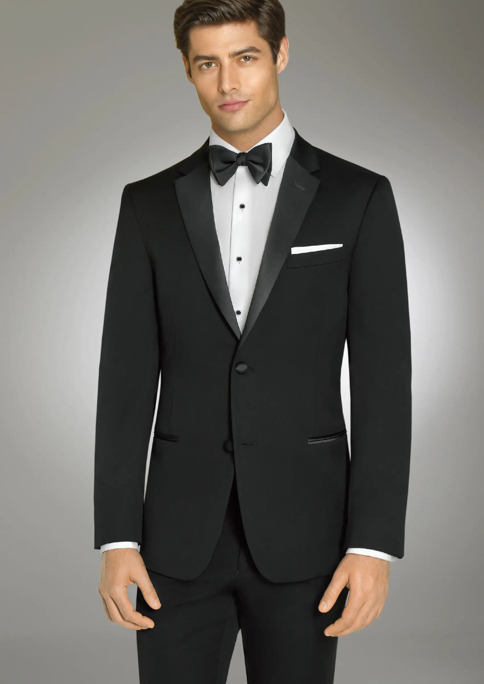 model is wearing a black tuxedo