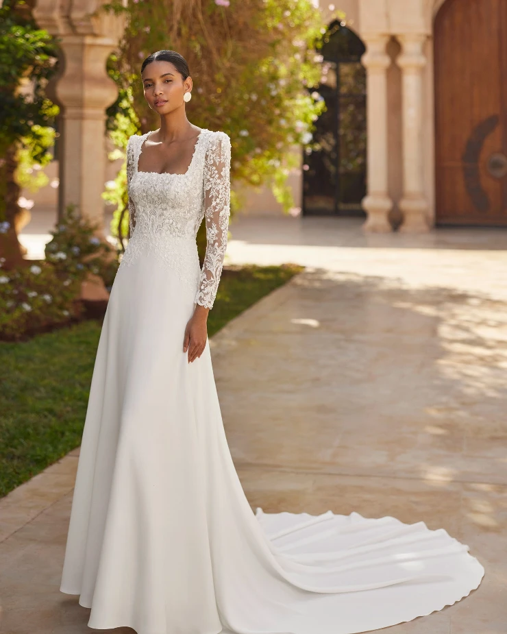 white lace fit and flare wedding dress Fit And Flare Wedding Dresses With Lace Train,Crepe Wedding Dresses Plunging Neck,WD00859, US22W / White main image 1